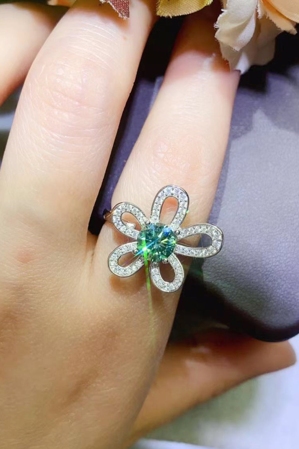 1 Carat Green Moissanite Flower Shape Open Ring - Sparkala