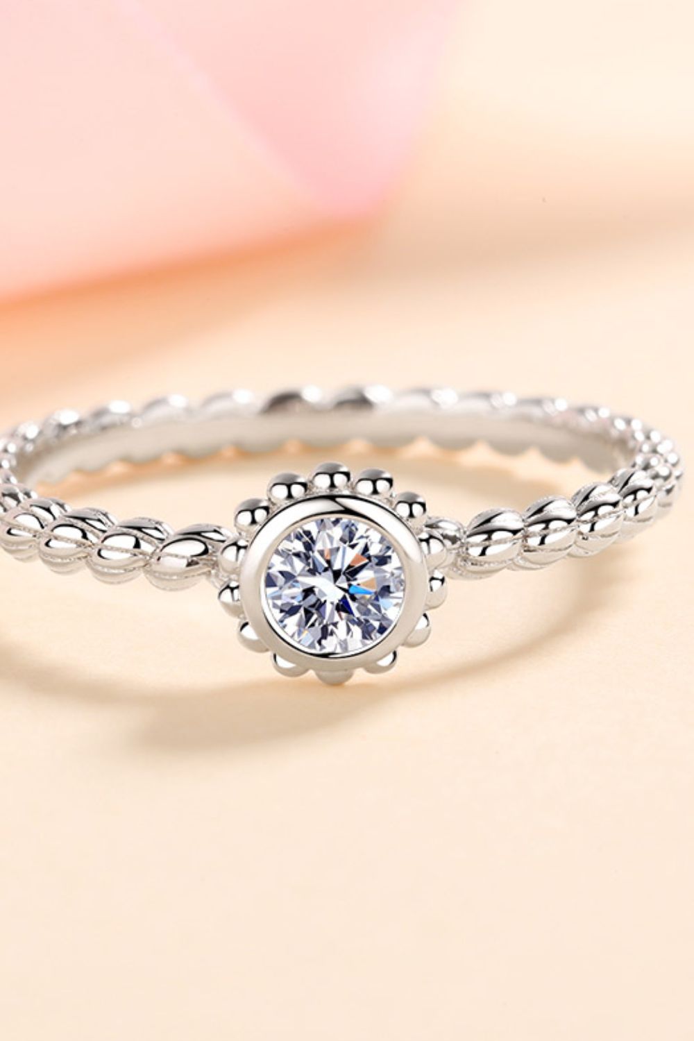 Brilliant Round Cut Sparkala™ Moissanite Rhodium-Plated Beaded Ring