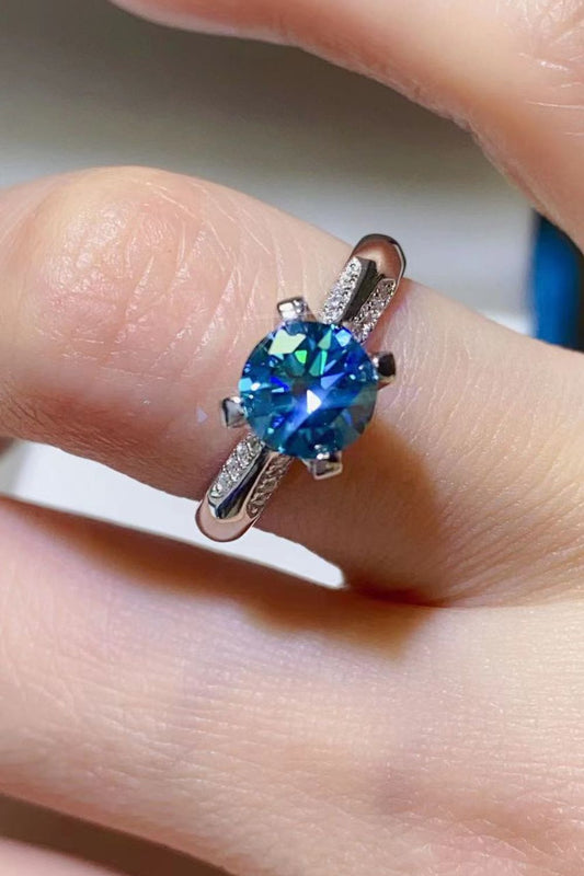 1 Carat Blue Round Brilliant Cut Moissanite 4-Prong Ring - Sparkala