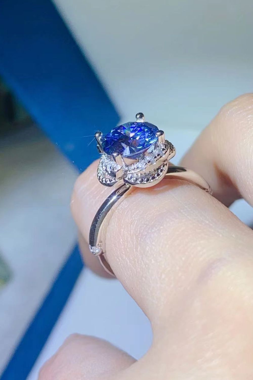 2 Carat Blue Moissanite Contrast Platinum Over Pure Sterling Silver Ring - Sparkala