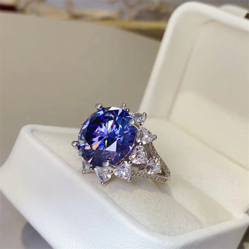 10 Carat Blue Round Brilliant Cut Moissanite Pure Sterling Silver Princess Di Ring - Sparkala