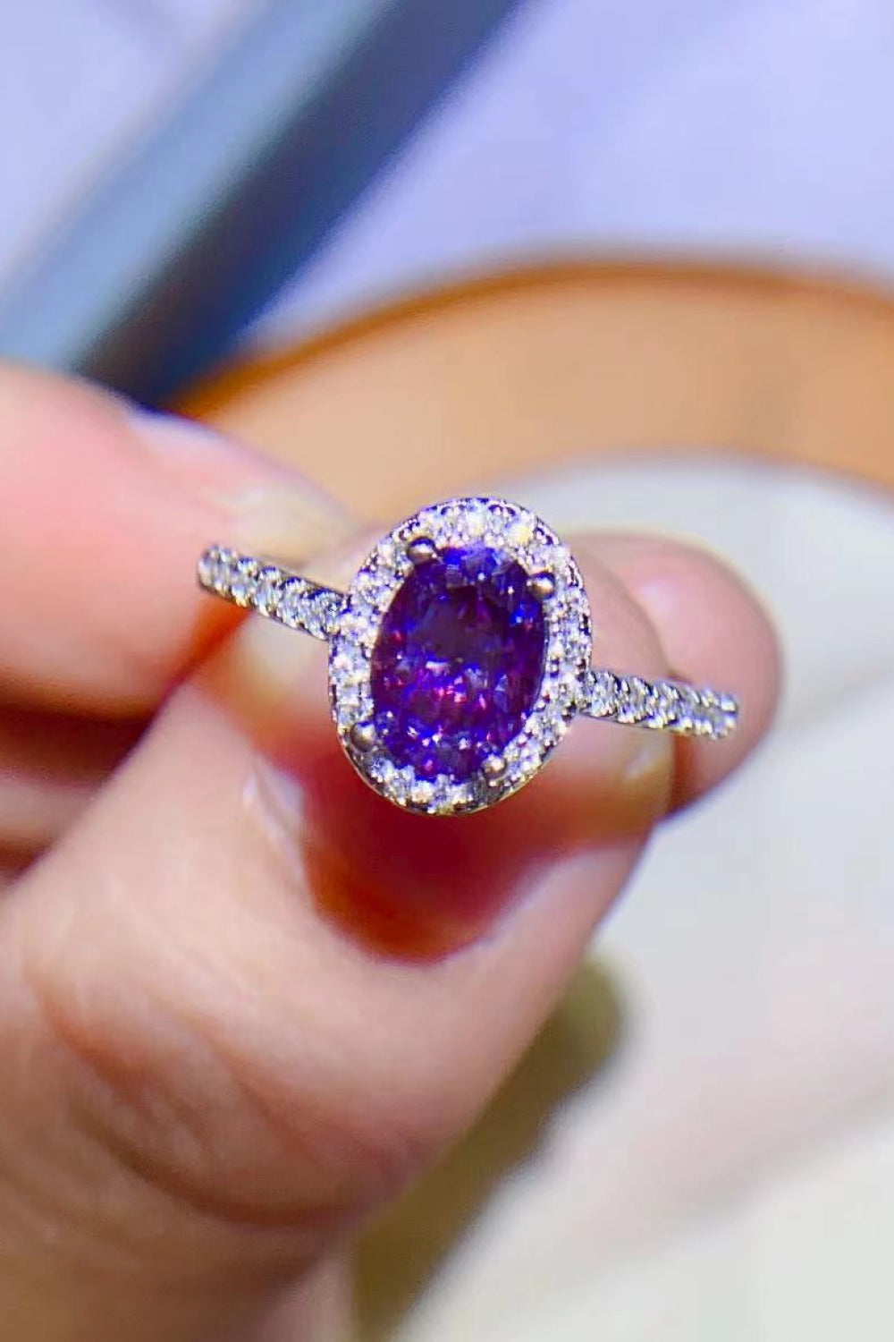 Platinum Over Pure Sterling Silver 1 Carat Purple Purple Oval-Cut Sparkala™ Moissanite Ring