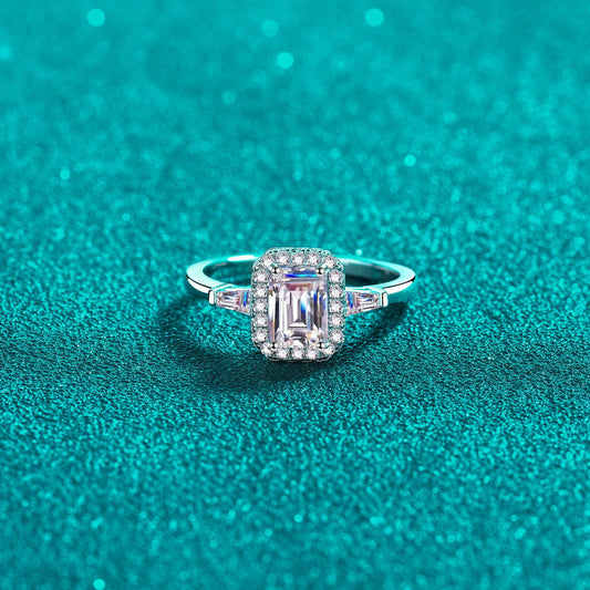 1 Carat Blue Emerald-Cut Moissanite Pure Sterling Silver Ring - Sparkala