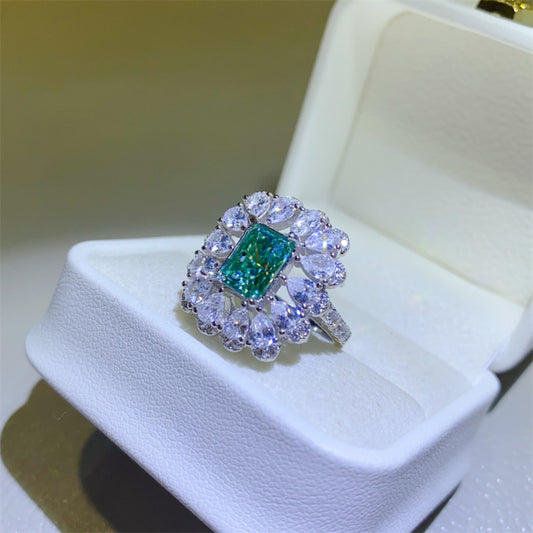 3 Carat Green Emerald-Cut Moissanite Pure Sterling Silver Ring - Sparkala