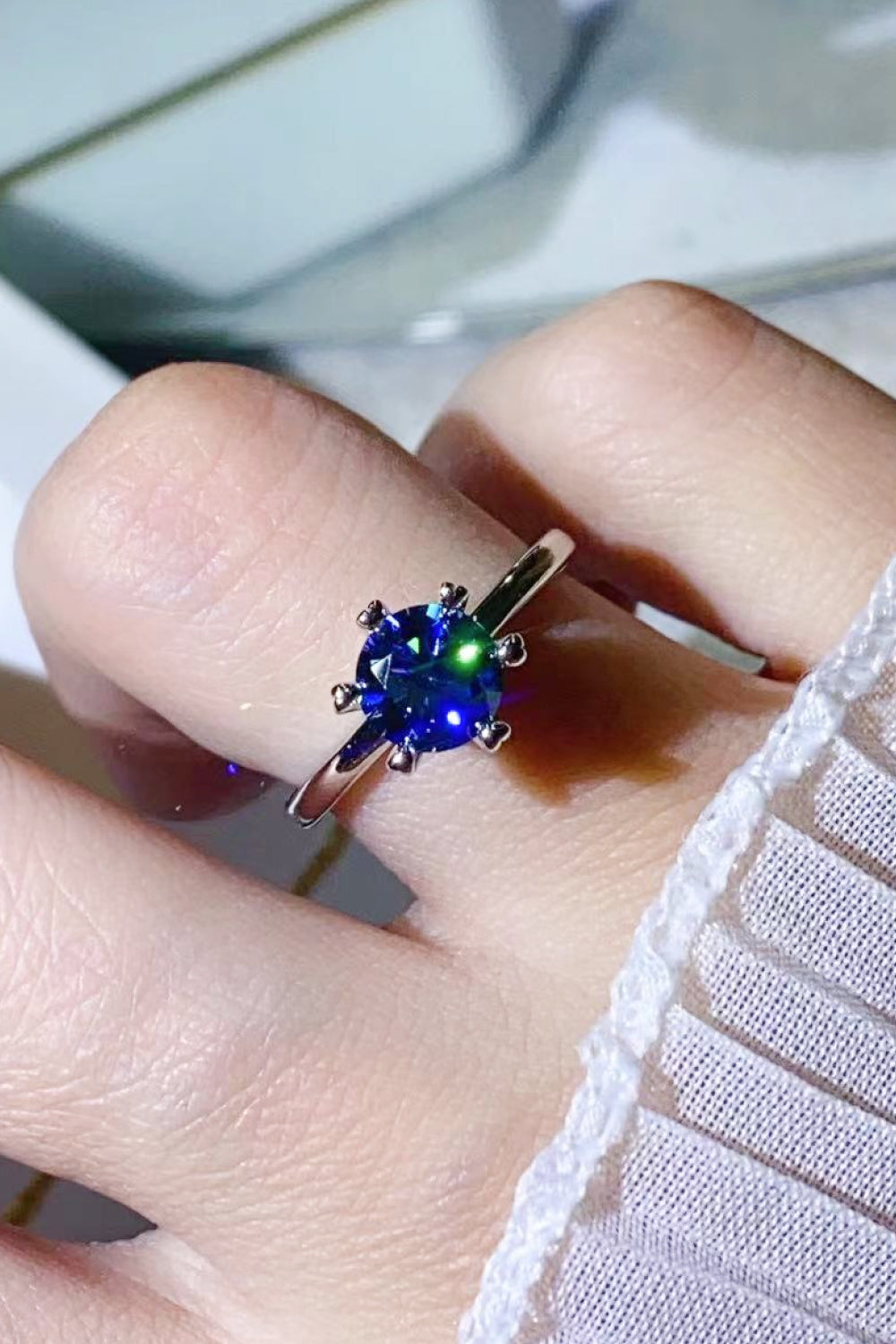 1 Carat Blue Round Brilliant Cut Moissanite 6-Prong Solitaire Ring (Platinum Over Pure Sterling Silver) - Sparkala
