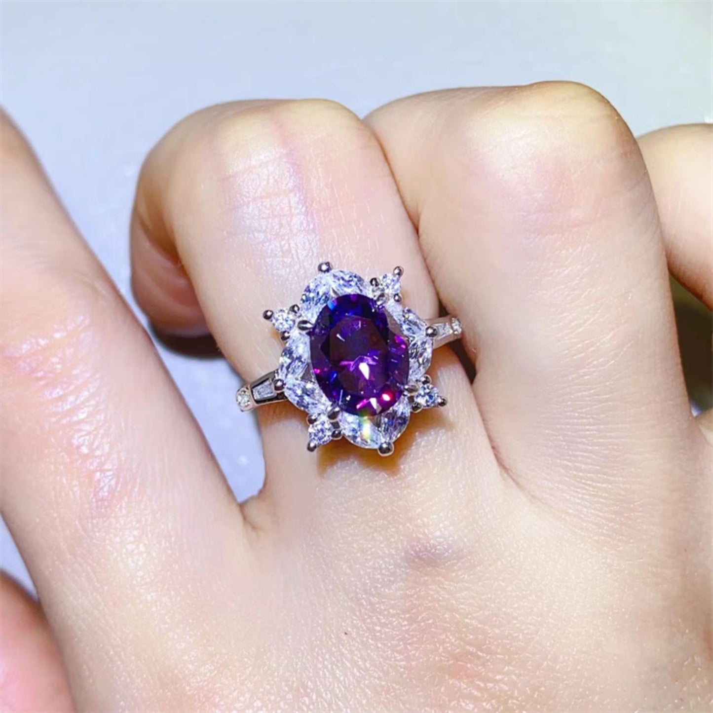 2 Carat Purple Oval-Cut Moissanite Pure Sterling Silver Ring - Sparkala