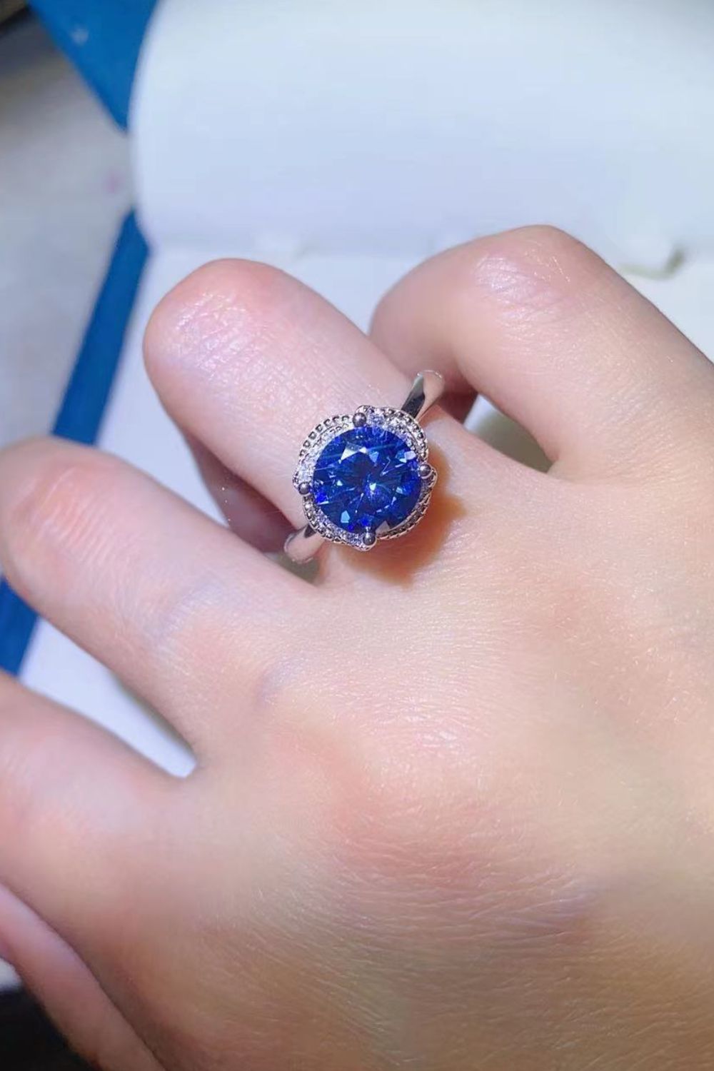 2 Carat Blue Moissanite Contrast Platinum Over Pure Sterling Silver Ring - Sparkala
