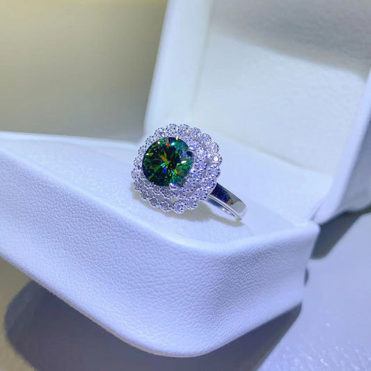 2 Carat Green Round Green Round Brilliant Cut Moissanite Pure Sterling Silver Halo Ring - Sparkala