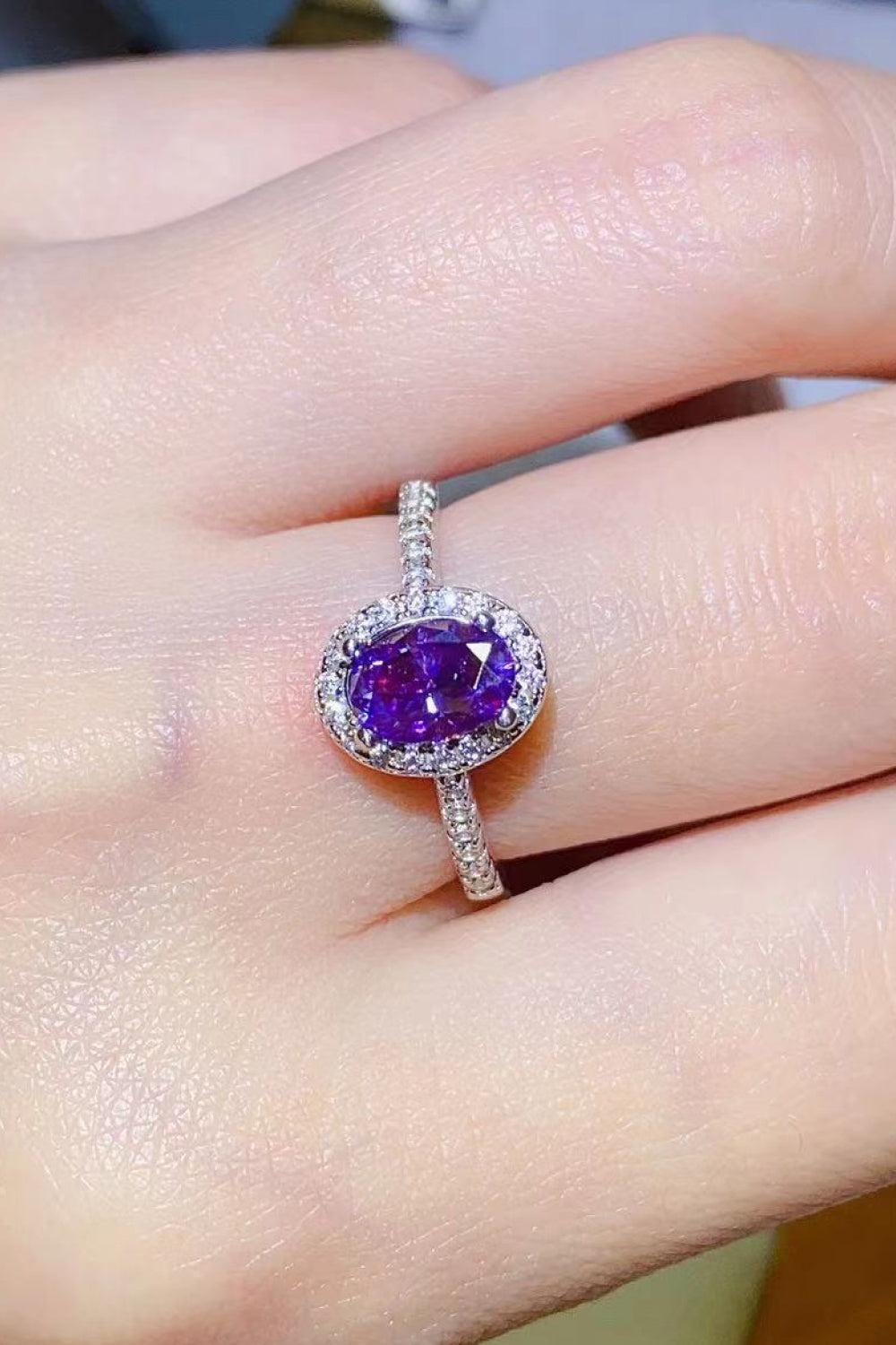 Platinum Over Pure Sterling Silver 1 Carat Purple Purple Oval-Cut Sparkala™ Moissanite Ring