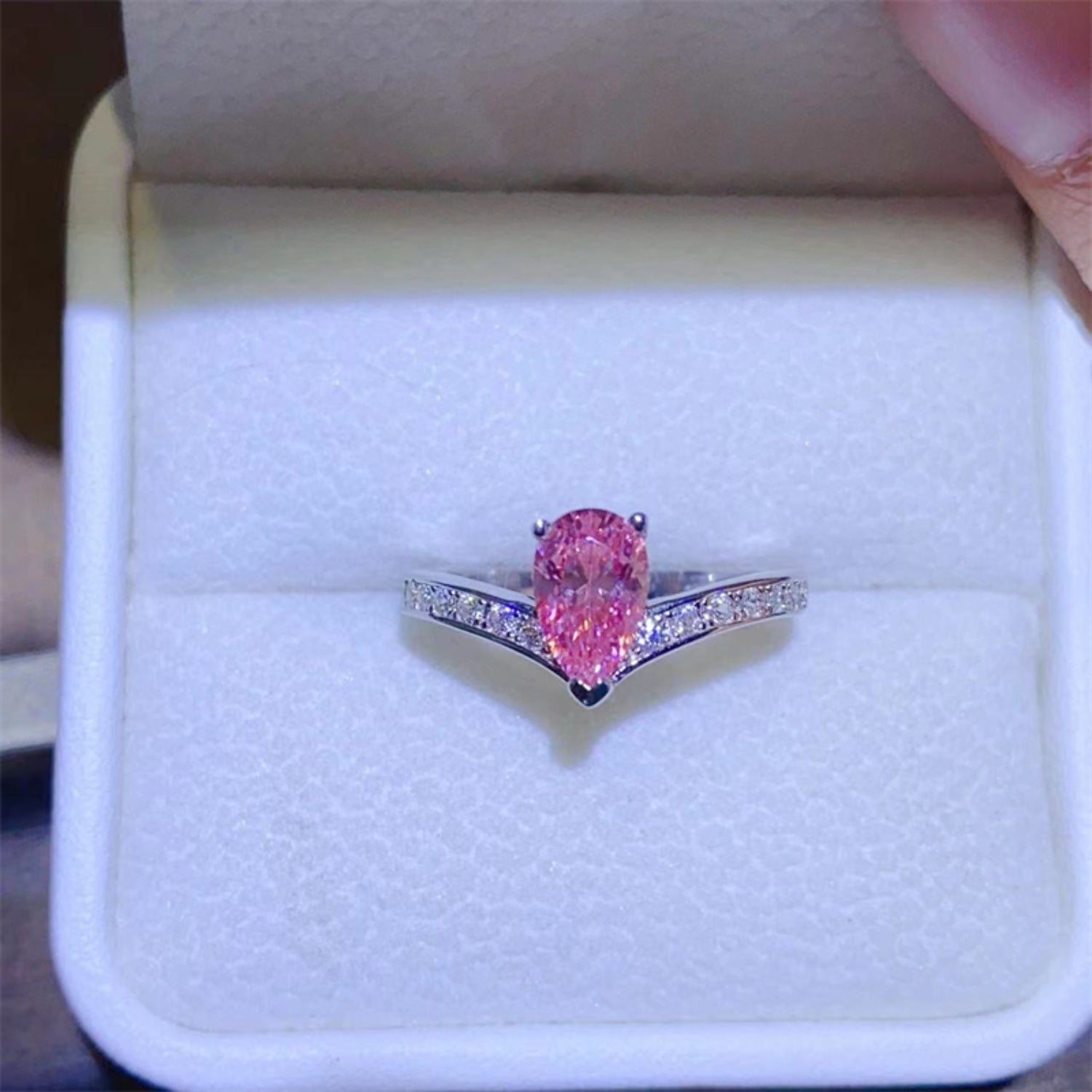 1 Carat Pear-Cut Pink Moissanite Platinum Over Pure Sterling Silver Ring - Sparkala