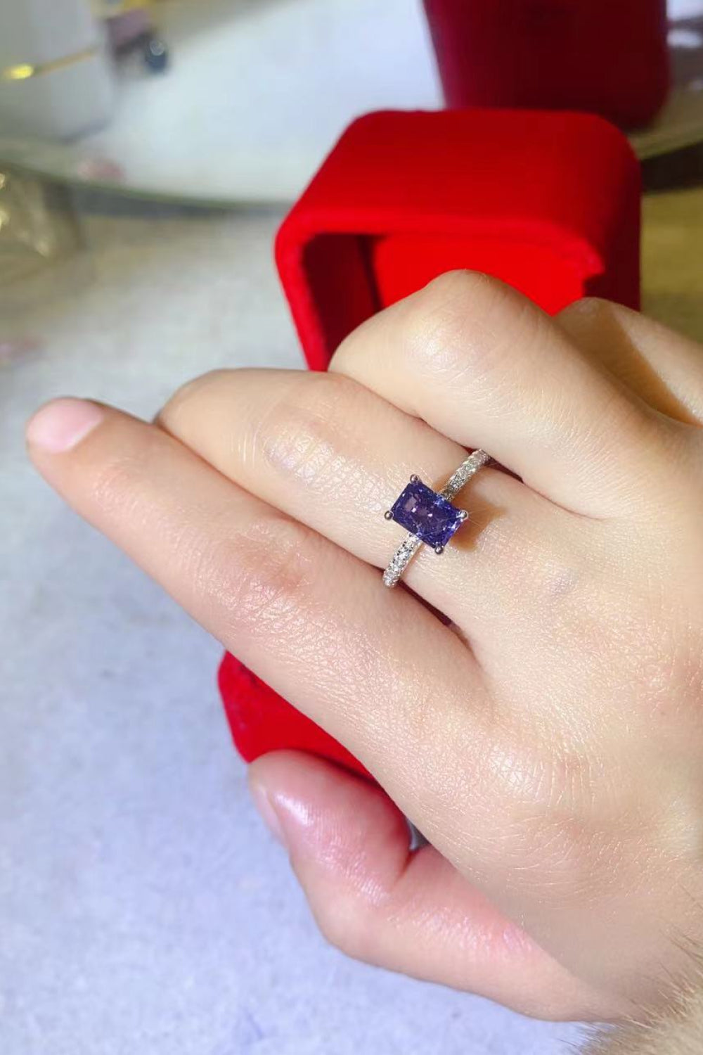 1 Carat Moissanite Platinum Over Pure Sterling Silver Rectangle Ring in Blue - Sparkala