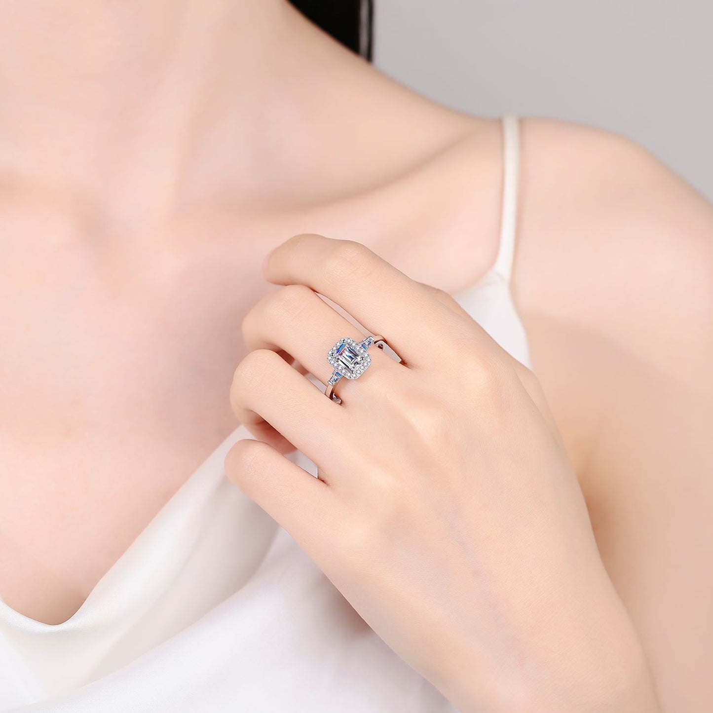 1 Carat Blue Emerald-Cut Moissanite Pure Sterling Silver Ring - Sparkala