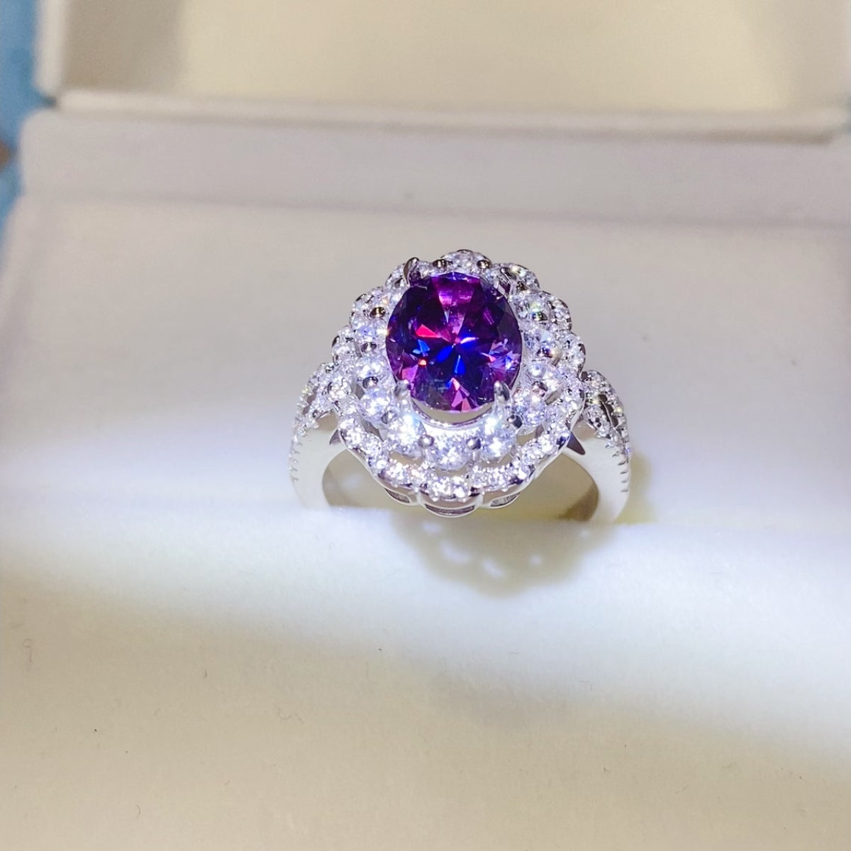 2 Carat Purple Oval-Cut Purple Oval-Cut Moissanite Pure Sterling Silver Halo Ring - Sparkala