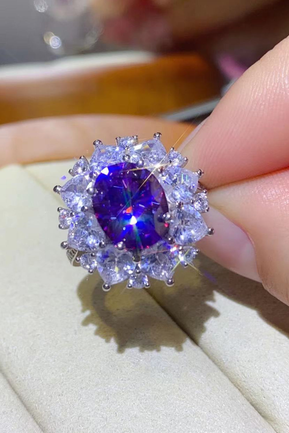 3 Carat Purple Oval-Cut Moissanite Platinum Over Pure Sterling Silver Ring - Sparkala