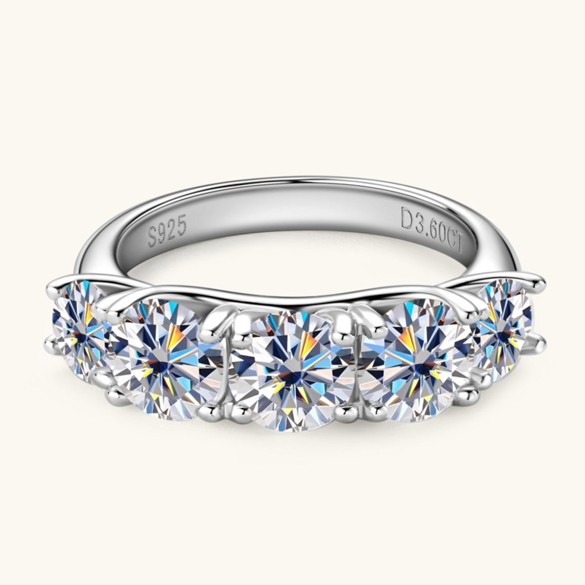 3.6 Carat 5 Stone Round Brilliant Cut Moissanite Pure Sterling Silver 5 Stone Ring - Sparkala