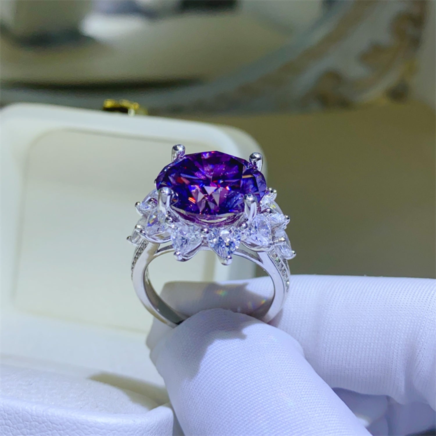 10 Carat Purple Moissanite Pure Sterling Silver Flower Shape Ring - Sparkala