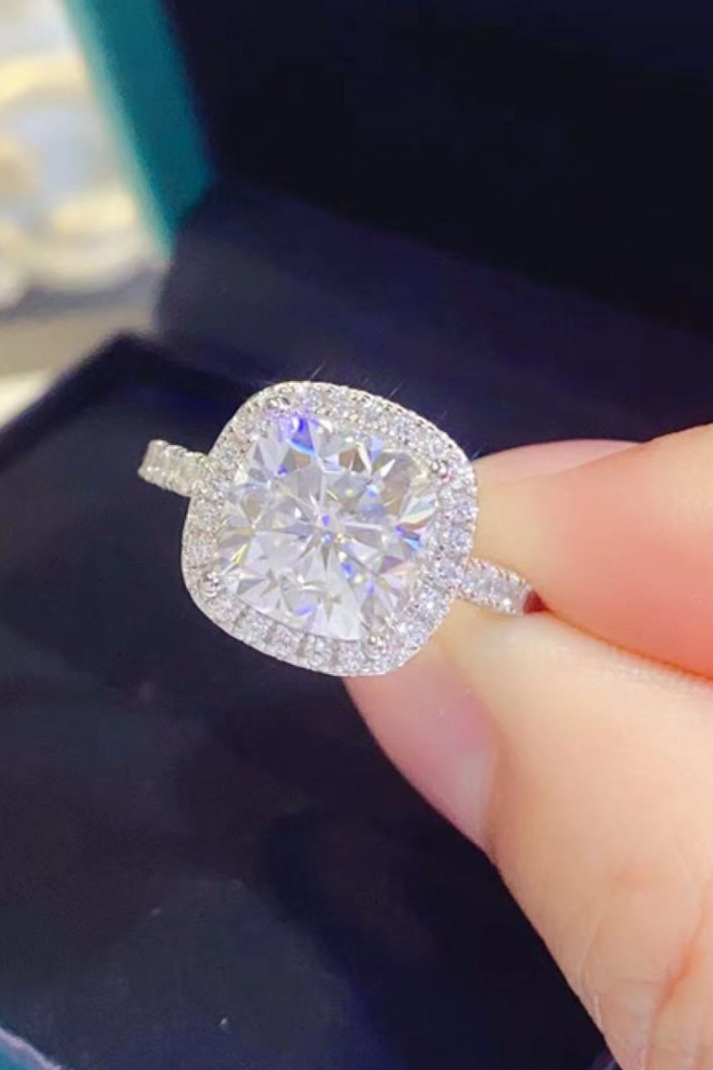 3 Carat Cushion-Cut Moissanite Platinum Over Pure Sterling Silver Square Ring - Sparkala
