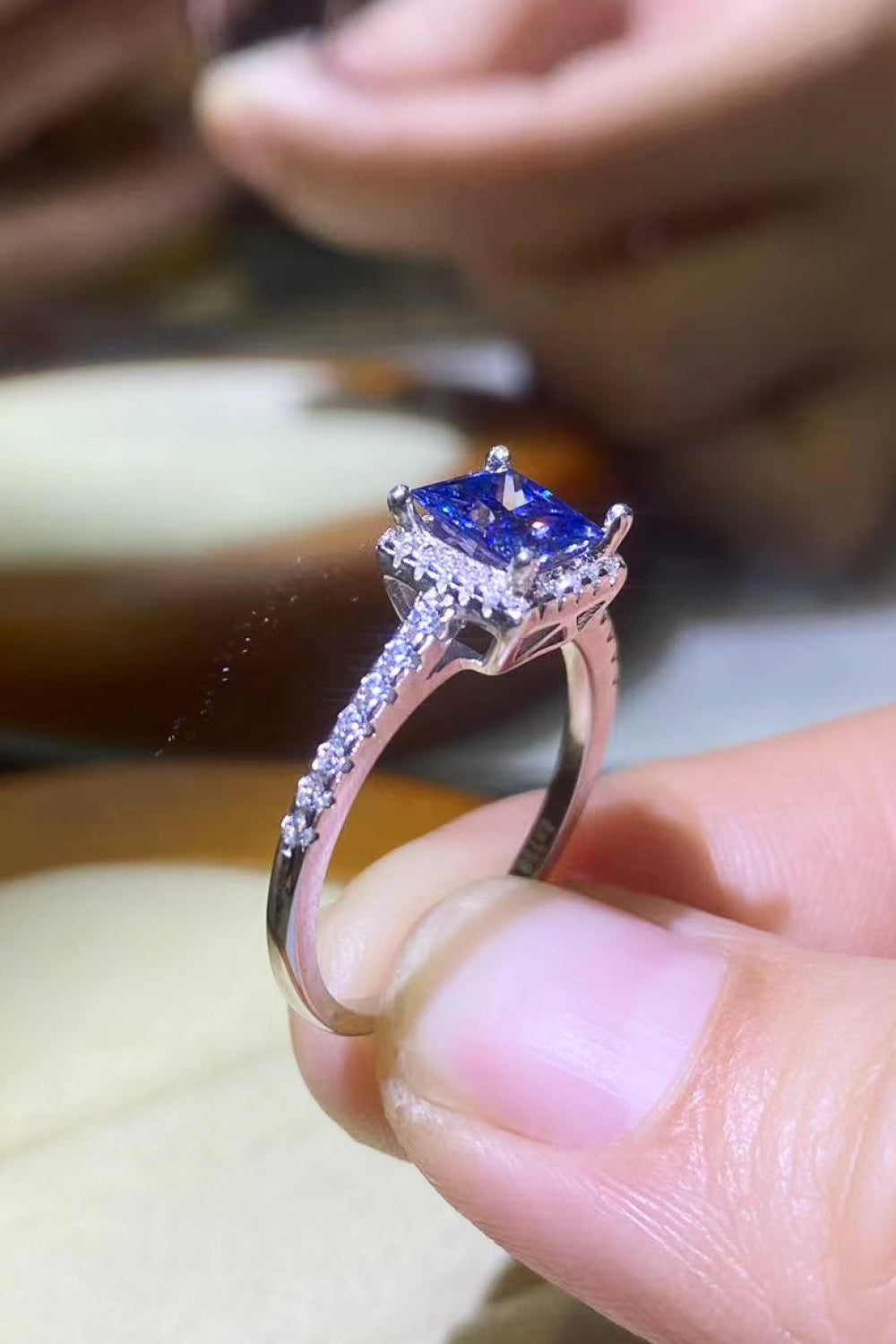 1 Carat Blue Princess-Cut Moissanite Platinum Over Pure Sterling Silver Square Ring - Sparkala