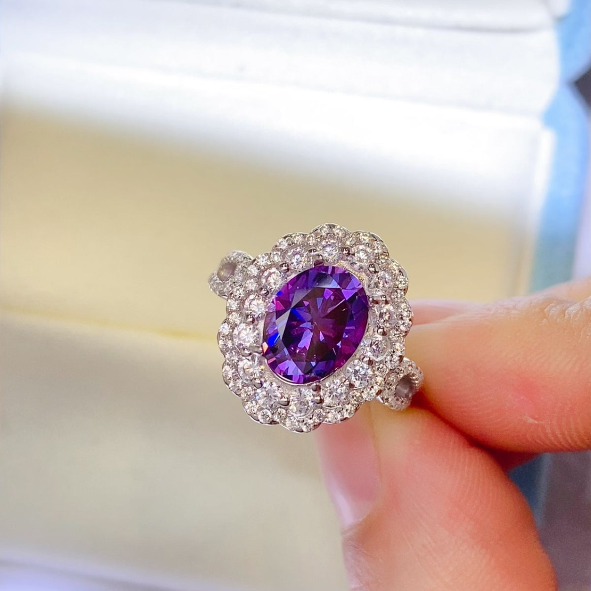 2 Carat Purple Oval-Cut Purple Oval-Cut Moissanite Pure Sterling Silver Halo Ring - Sparkala