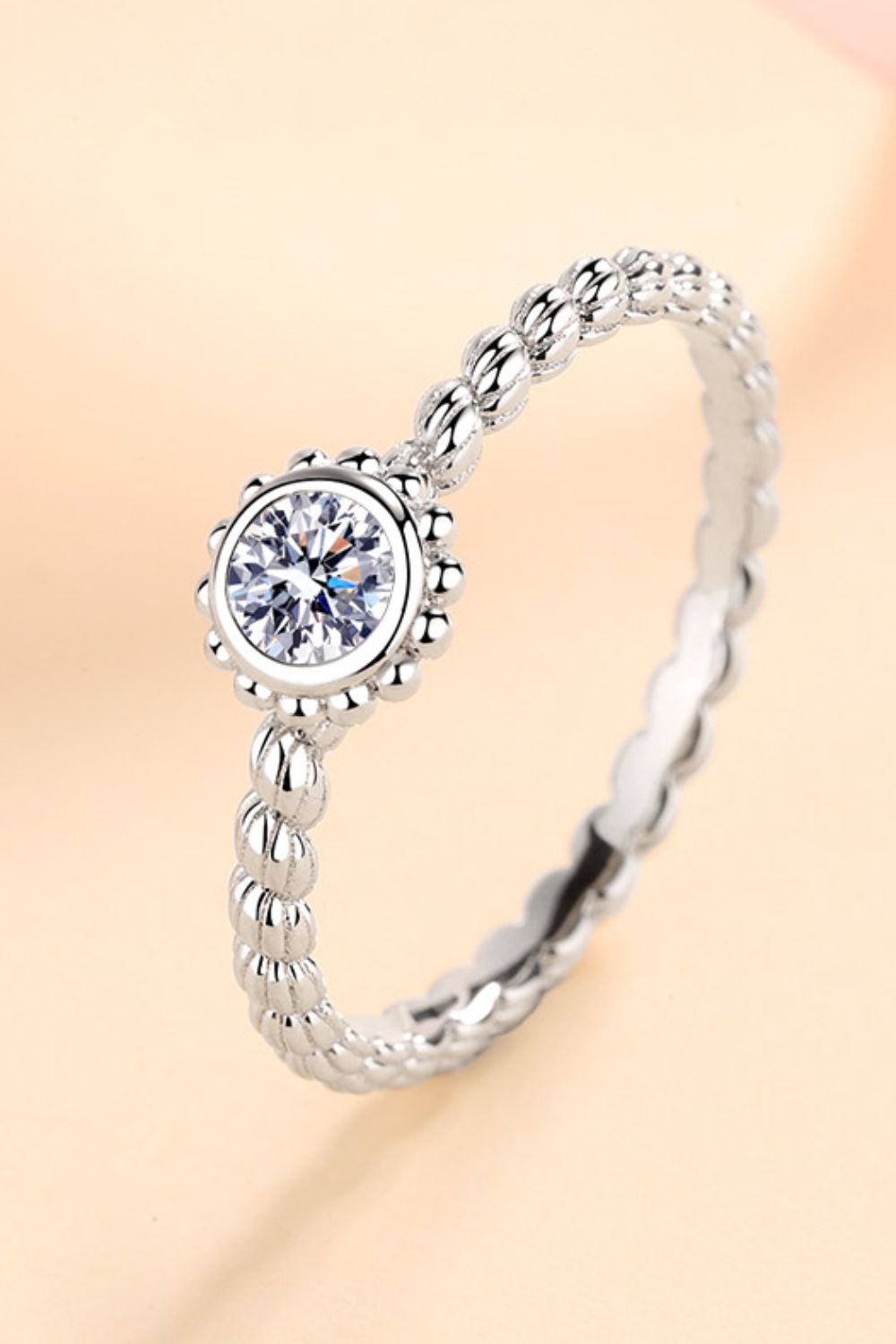 Brilliant Round Cut Sparkala™ Moissanite Rhodium-Plated Beaded Ring