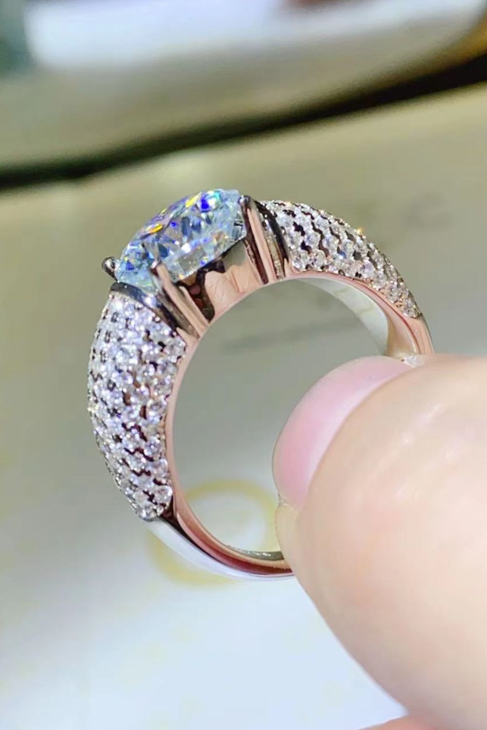 3 Carat Green Moissanite Side Stone Ring - Sparkala