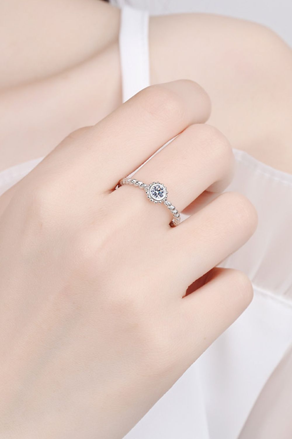 Brilliant Round Cut Sparkala™ Moissanite Rhodium-Plated Beaded Ring
