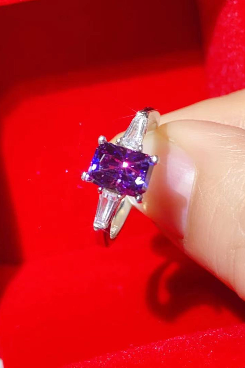 1 Carat Purple Emerald-Cut Moissanite Platinum-Plated Rectangle Ring in Purple - Sparkala