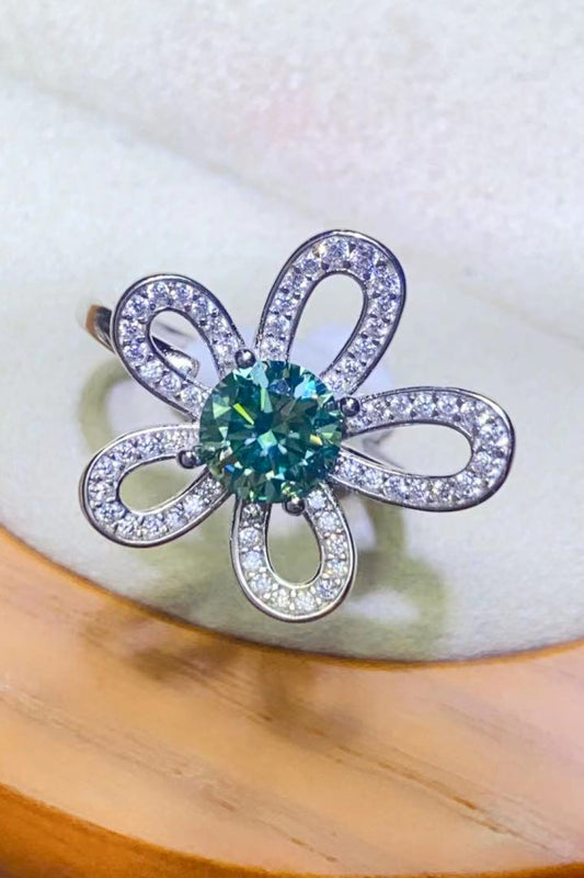 1 Carat Green Moissanite Flower Shape Open Ring - Sparkala