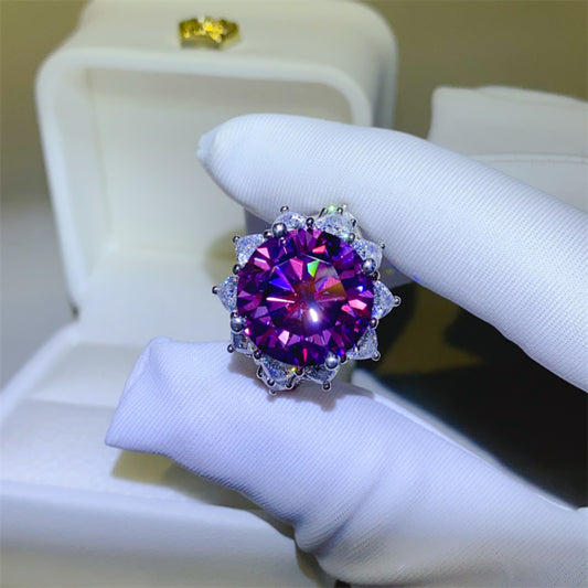 10 Carat Purple Moissanite Pure Sterling Silver Flower Shape Ring - Sparkala