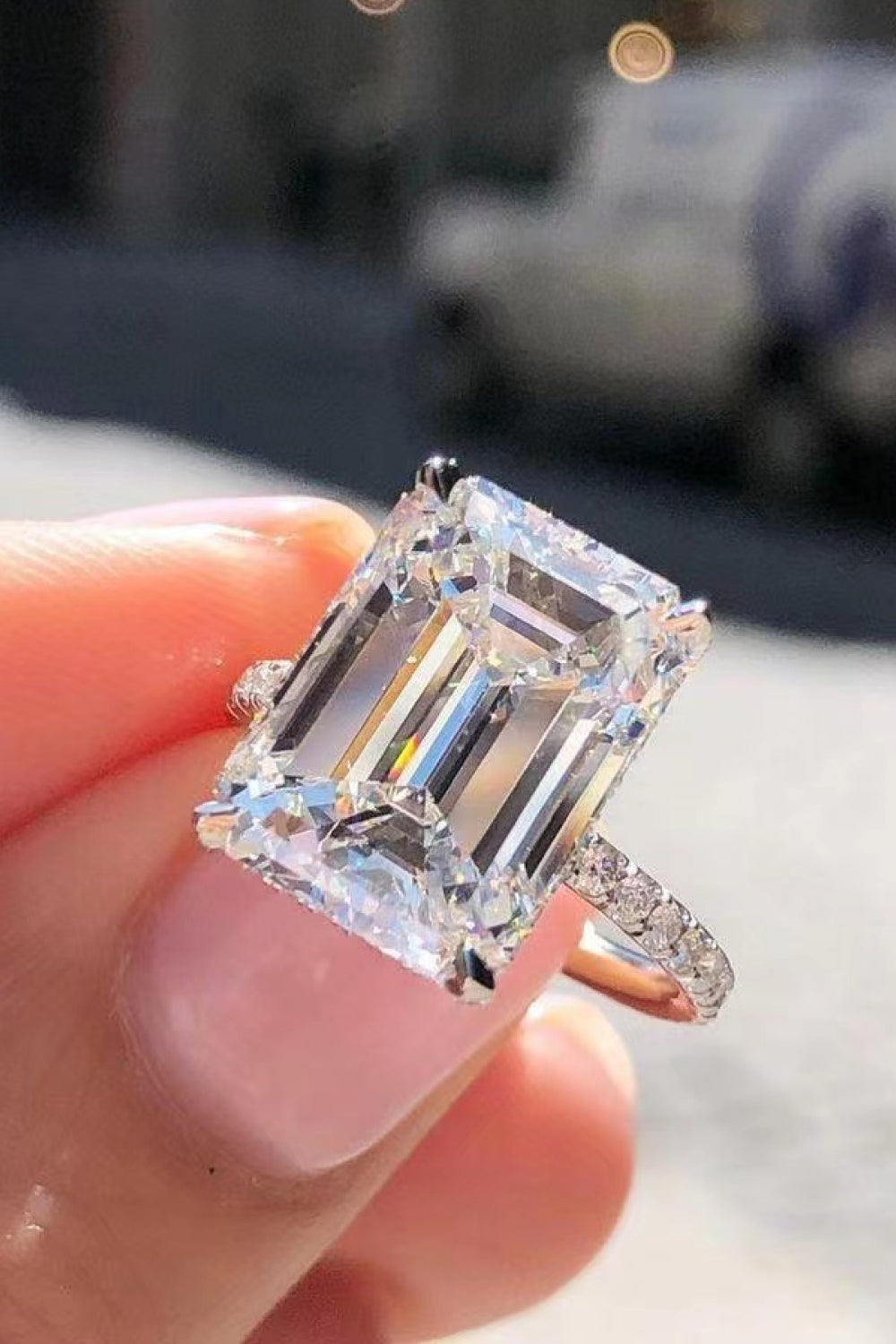 5 Carat Emerald-Cut Emerald-Cut Sparkala™ Moissanite with Side Stones Ring (Platinum Over Pure Sterling Silver)