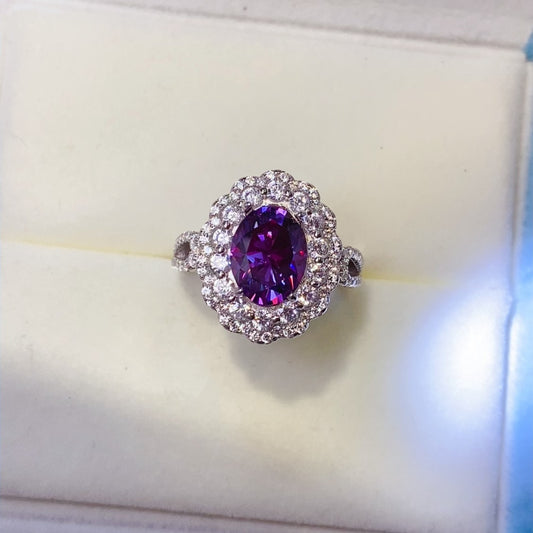 2 Carat Purple Oval-Cut Purple Oval-Cut Moissanite Pure Sterling Silver Halo Ring - Sparkala