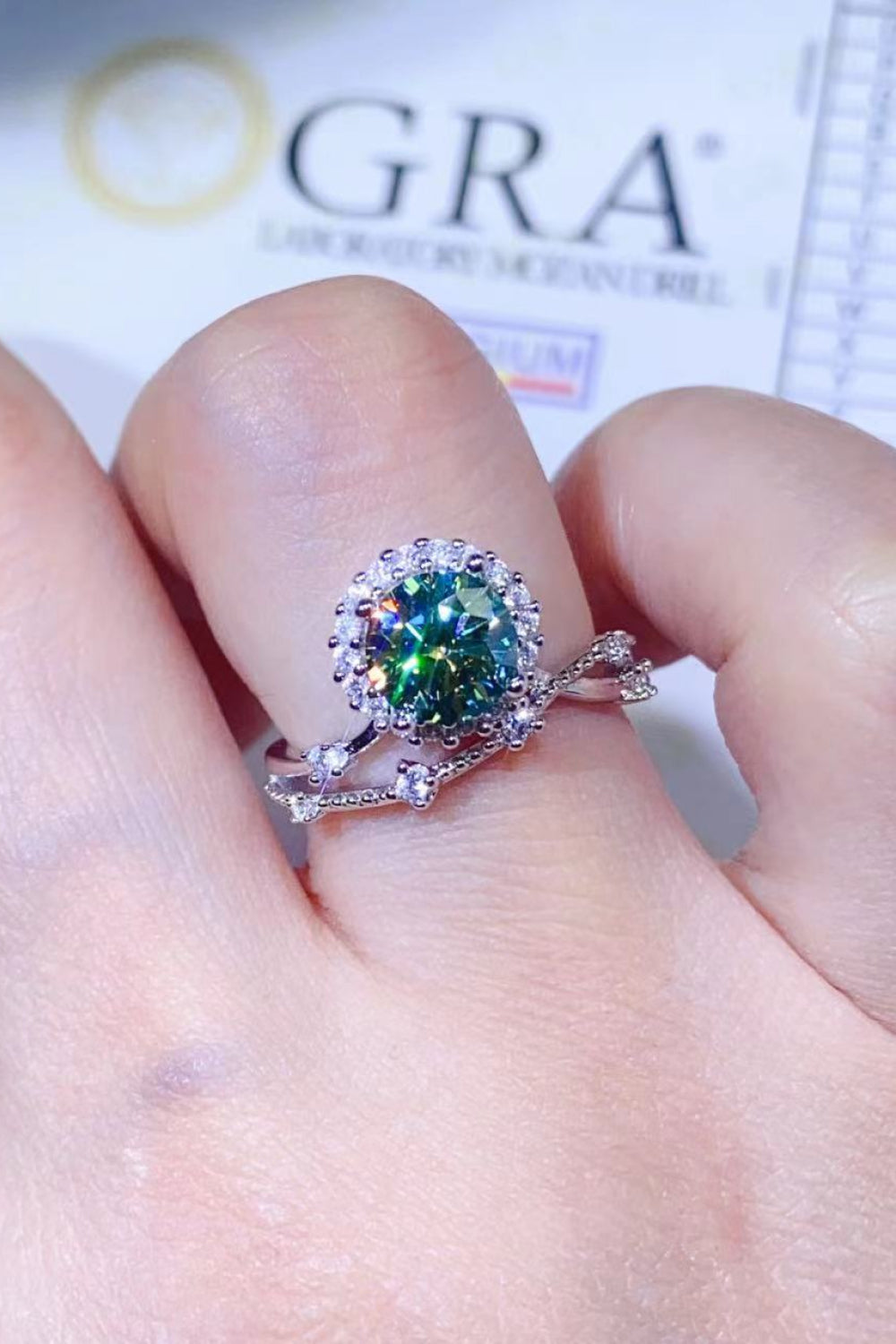 1 Carat Green Moissanite Platinum-Plated Ring - Sparkala