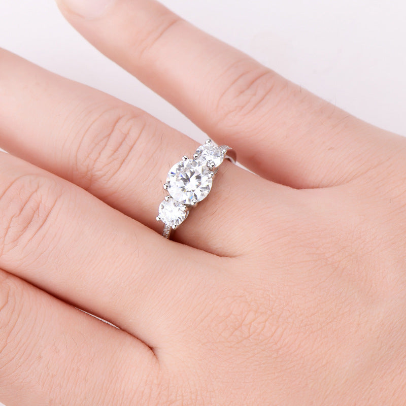 3 Carat 3-Stone Round Round Brilliant Cut Moissanite Platinum-Plated 925 Sterling Silver Ring - Sparkala
