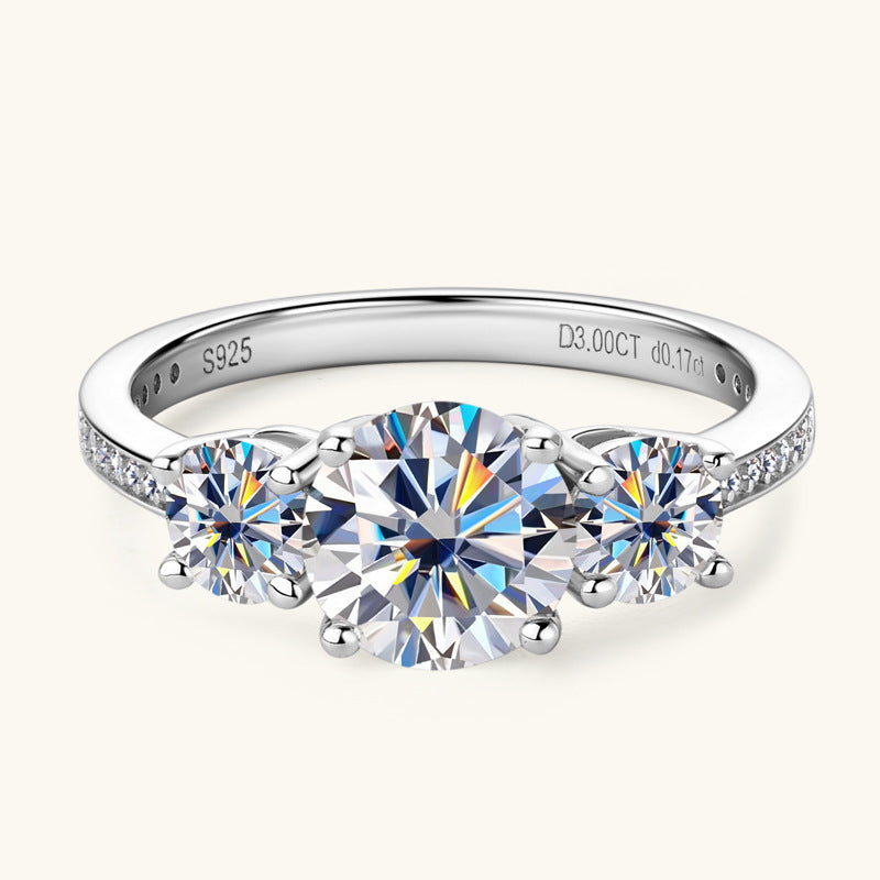 3 Carat 3-Stone Round Round Brilliant Cut Moissanite Platinum-Plated 925 Sterling Silver Ring - Sparkala