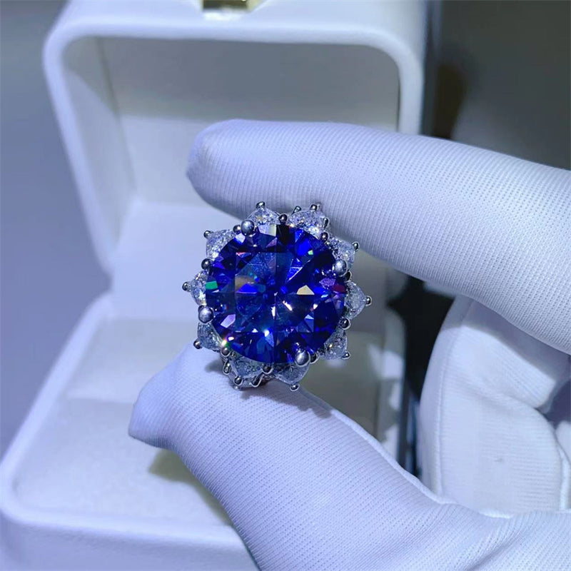 10 Carat Blue Round Brilliant Cut Moissanite Pure Sterling Silver Princess Di Ring - Sparkala