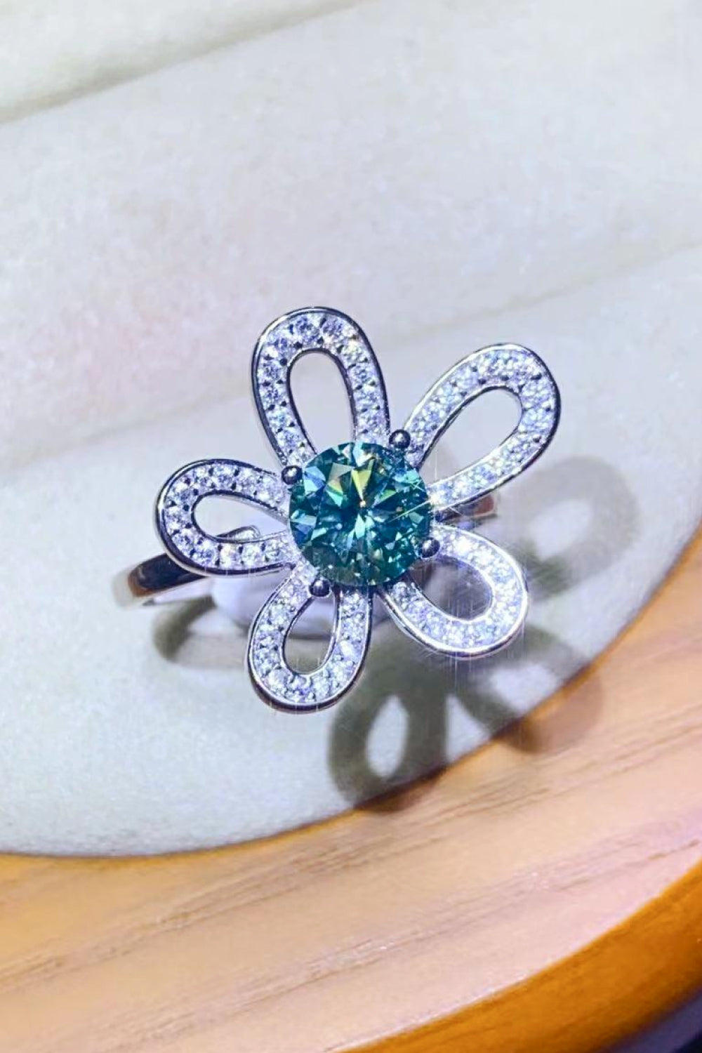1 Carat Green Moissanite Flower Shape Open Ring - Sparkala