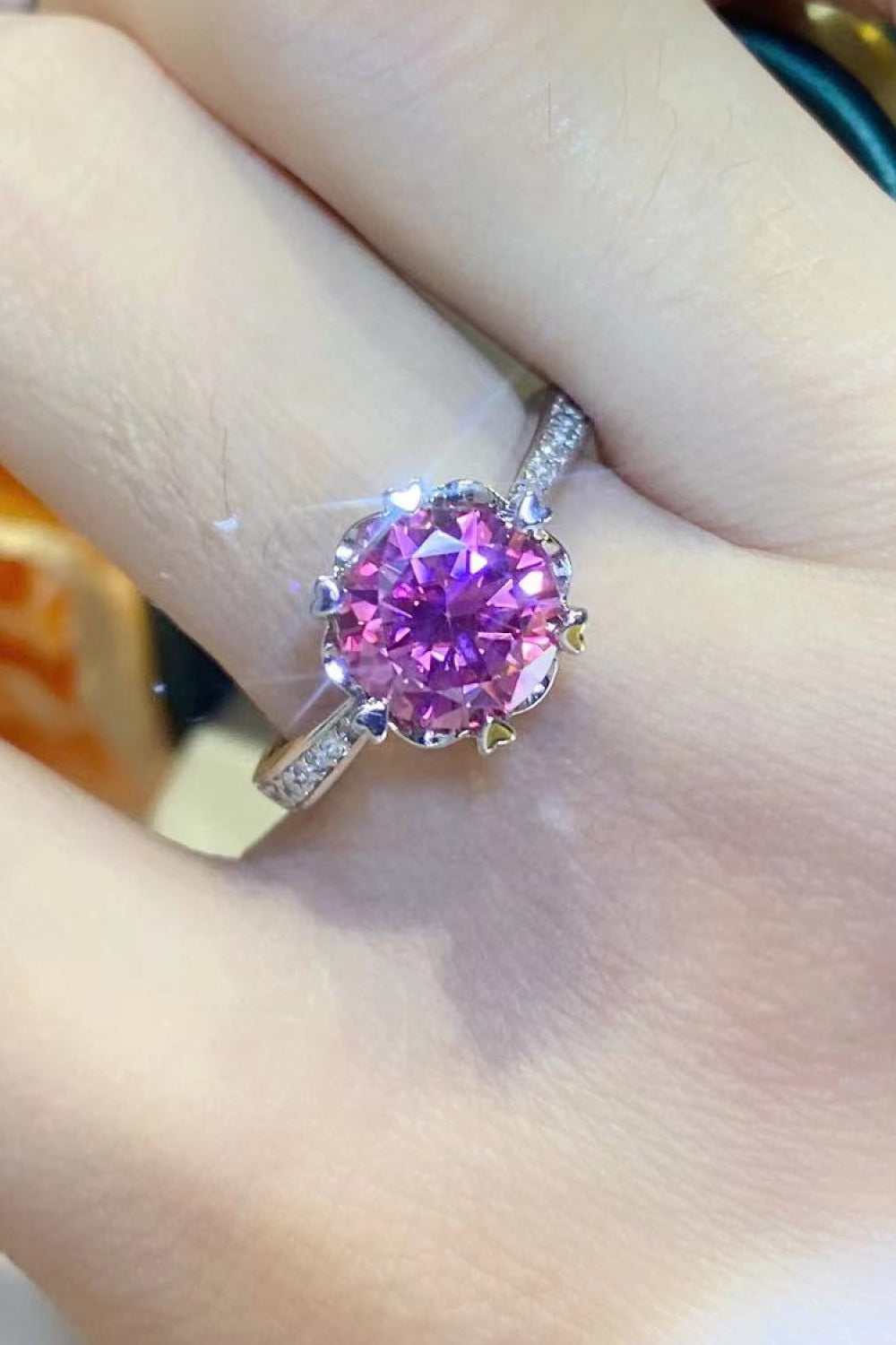 Shining For You 2 Carat Pink Brilliant Round Cut Sparkala™ Moissanite Platinum Over Pure Sterling Silver Ring