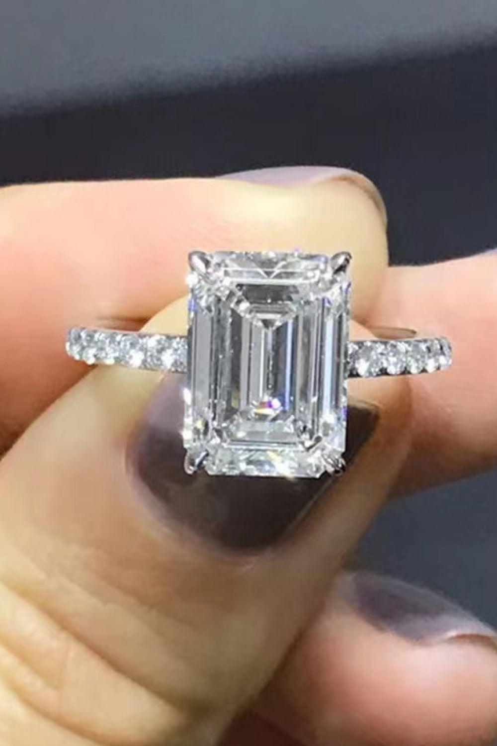 5 Carat Emerald-Cut Emerald-Cut Sparkala™ Moissanite with Side Stones Ring (Platinum Over Pure Sterling Silver)