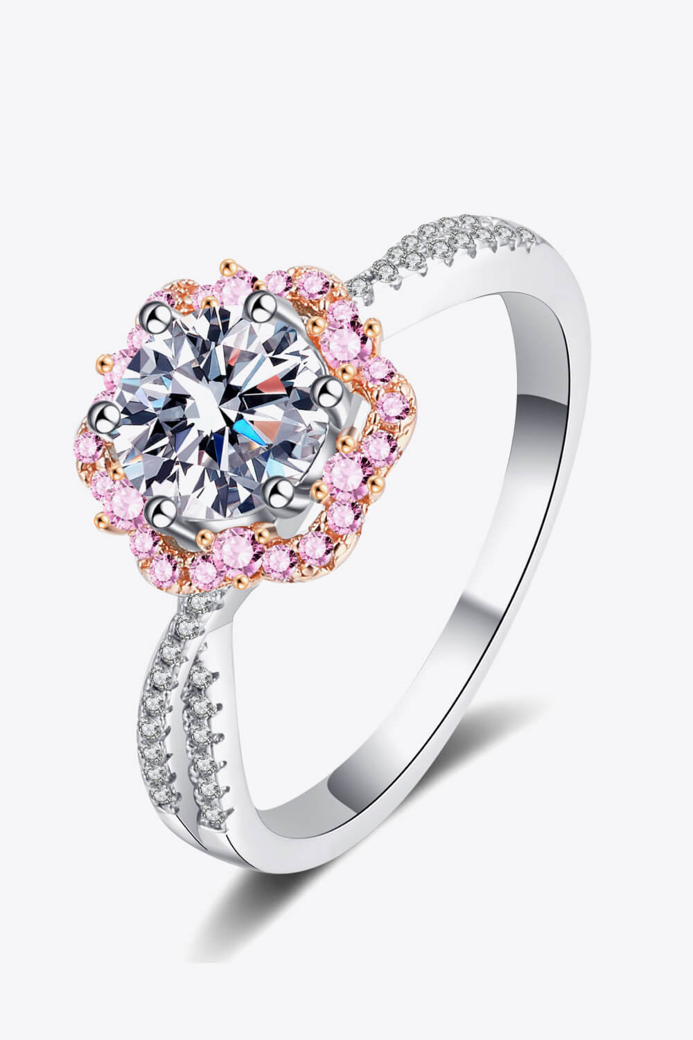 1 Carat Pink Round Brilliant Cut Moissanite Flower-Shaped Crisscross 925 sterling silver Ring - Sparkala