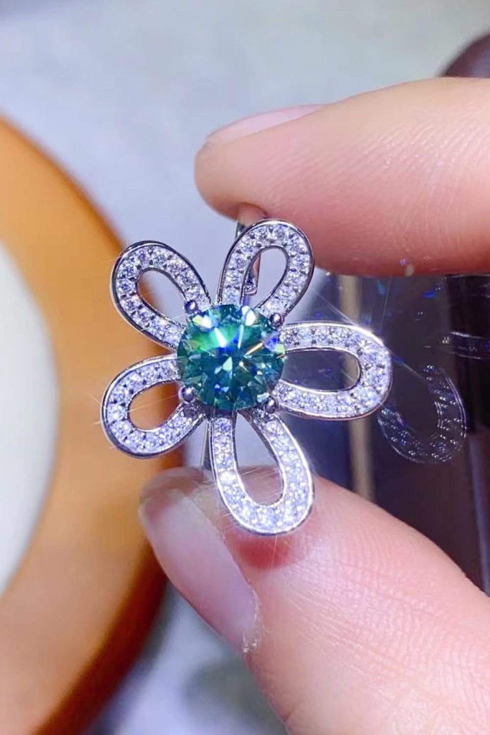 1 Carat Green Moissanite Flower Shape Open Ring - Sparkala