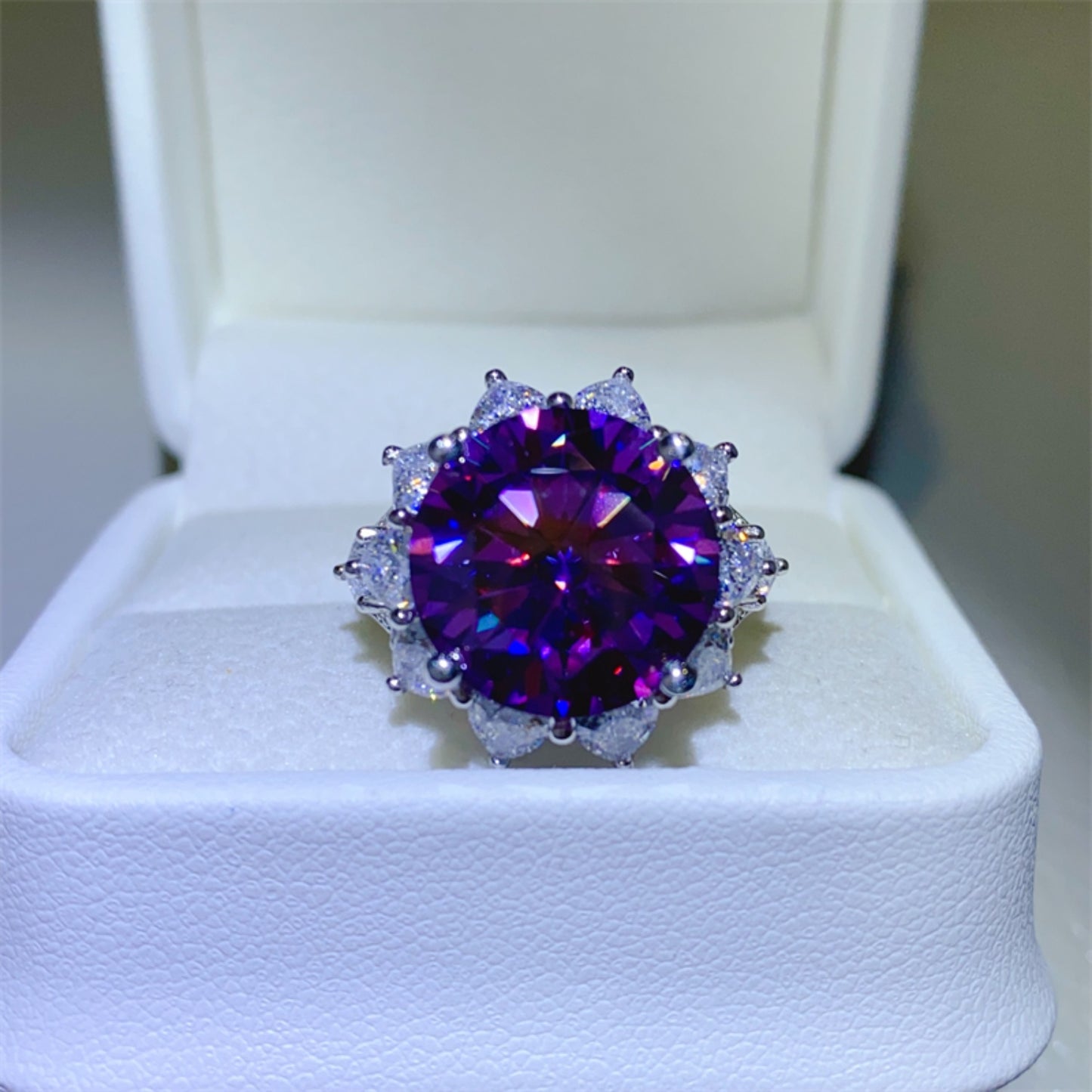 10 Carat Purple Moissanite Pure Sterling Silver Flower Shape Ring - Sparkala