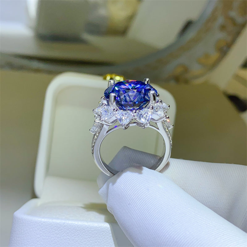 10 Carat Blue Round Brilliant Cut Moissanite Pure Sterling Silver Princess Di Ring - Sparkala