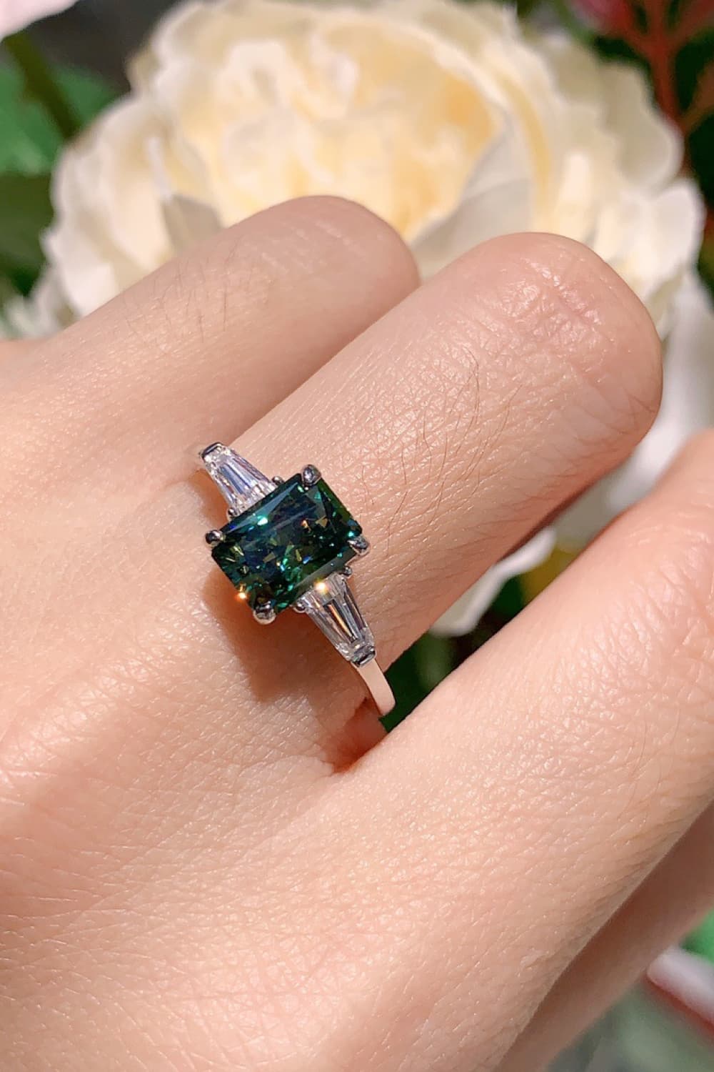 2 Carat Green Radiant-Cut Moissanite Platinum Over Pure Sterling Silver Ring - Sparkala