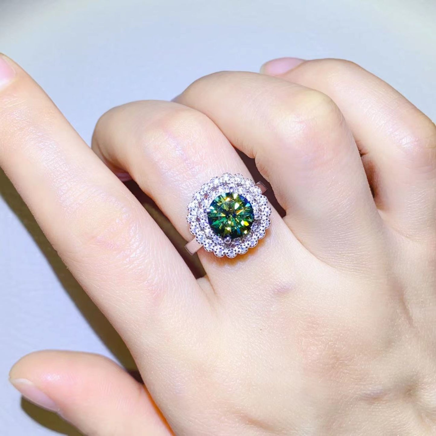 2 Carat Green Round Green Round Brilliant Cut Moissanite Pure Sterling Silver Halo Ring - Sparkala