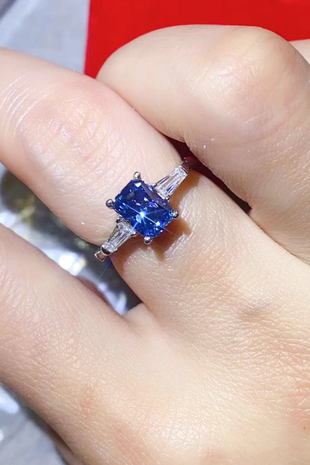 1 Carat Blue Radiant-Cut Moissanite Platinum-Plated Rectangle Ring in Blue - Sparkala