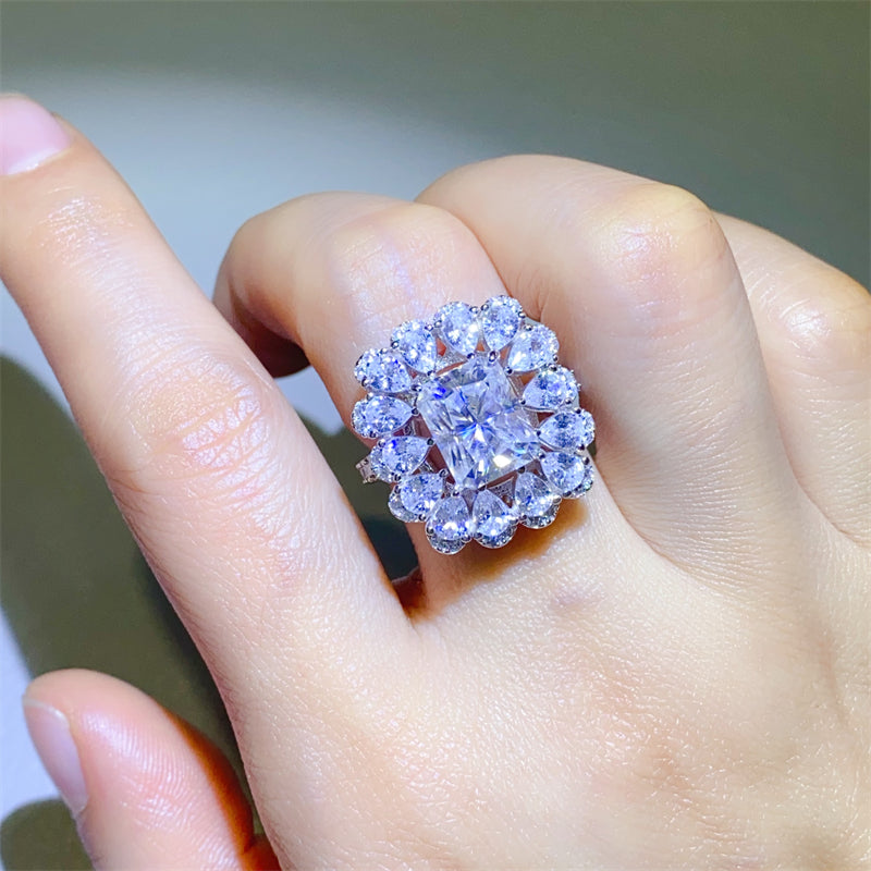 3 Carat Radiant Cut and Pear Cut Radiant-Cut Moissanite Pure Sterling Silver Ring - Sparkala