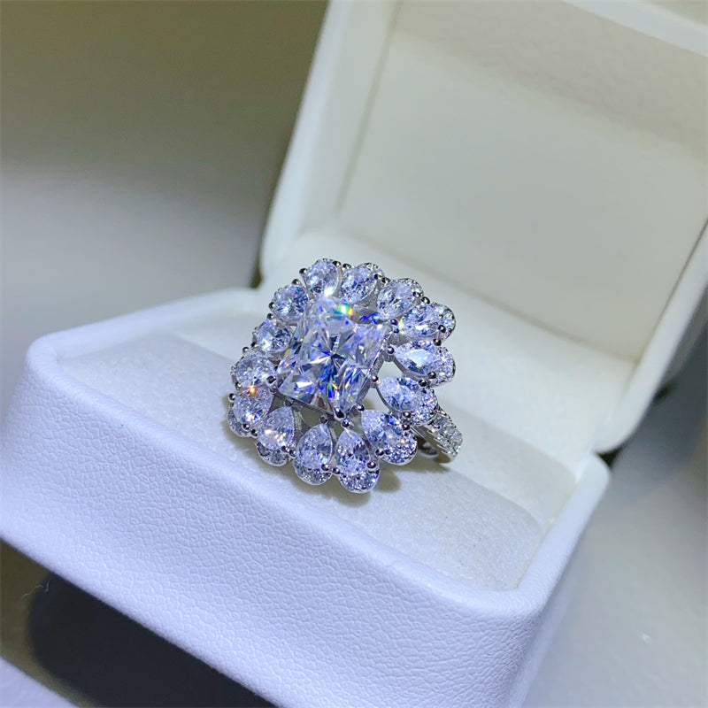 3 Carat Radiant Cut and Pear Cut Radiant-Cut Moissanite Pure Sterling Silver Ring - Sparkala