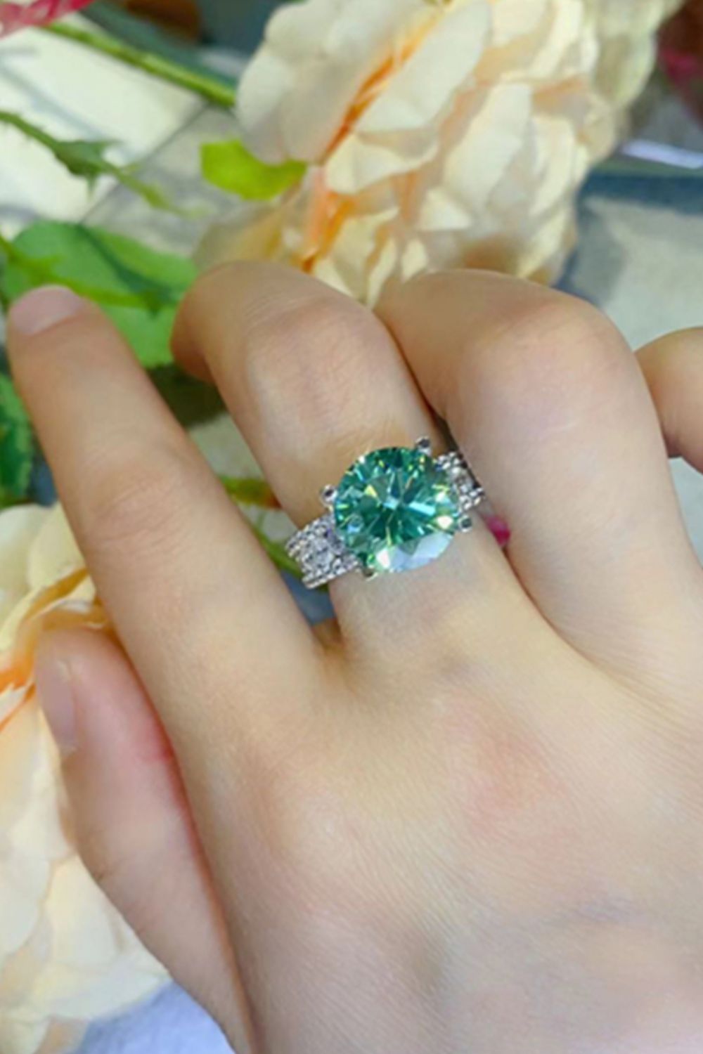 5 Carat Green Round Brilliant Cut Moissanite 4-Prong Wide Band Ring - Sparkala