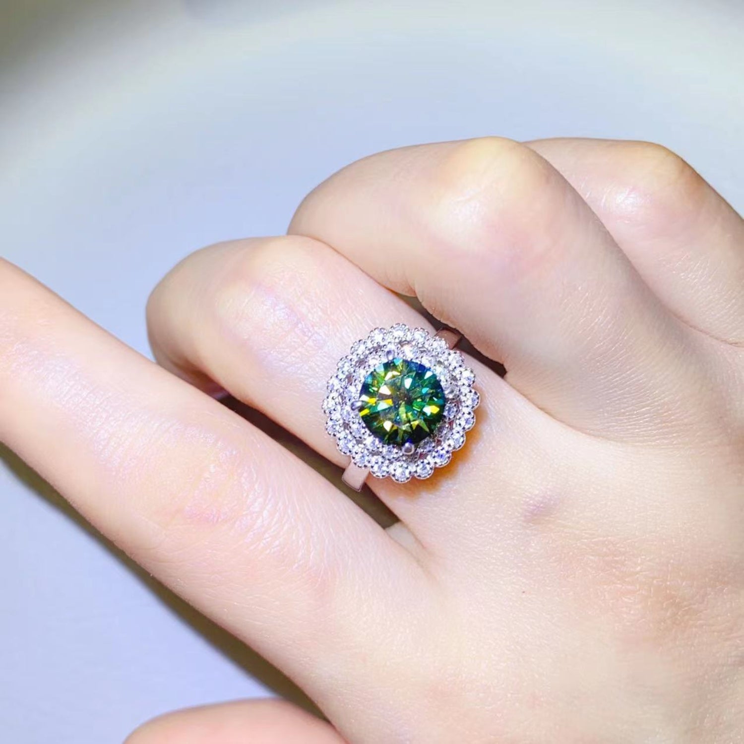 2 Carat Green Round Green Round Brilliant Cut Moissanite Pure Sterling Silver Halo Ring - Sparkala