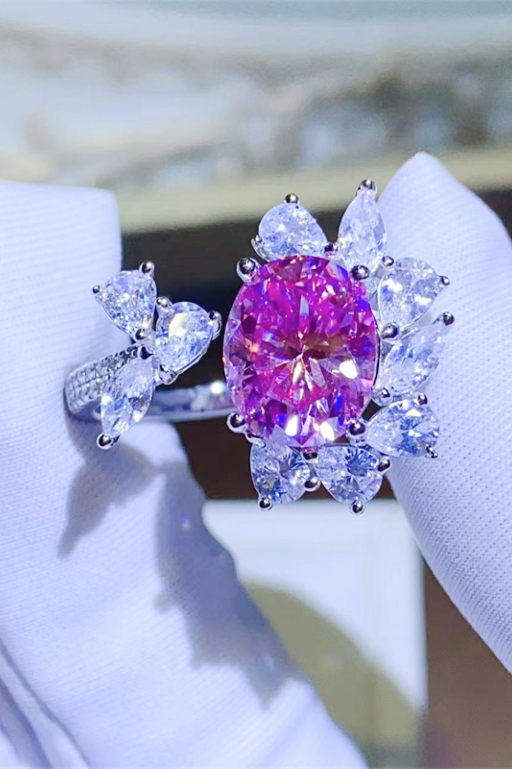 3 Carat Pink Oval-Cut Moissanite Platinum Over Pure Sterling Silver Open Ring - Sparkala